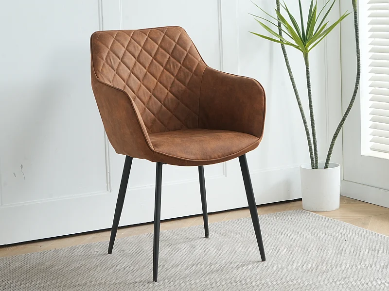 Lot de 2 chaises fauteuils de table avec accoudoirs Rolf en tissu marron pour salle à manger, pieds en métal noir