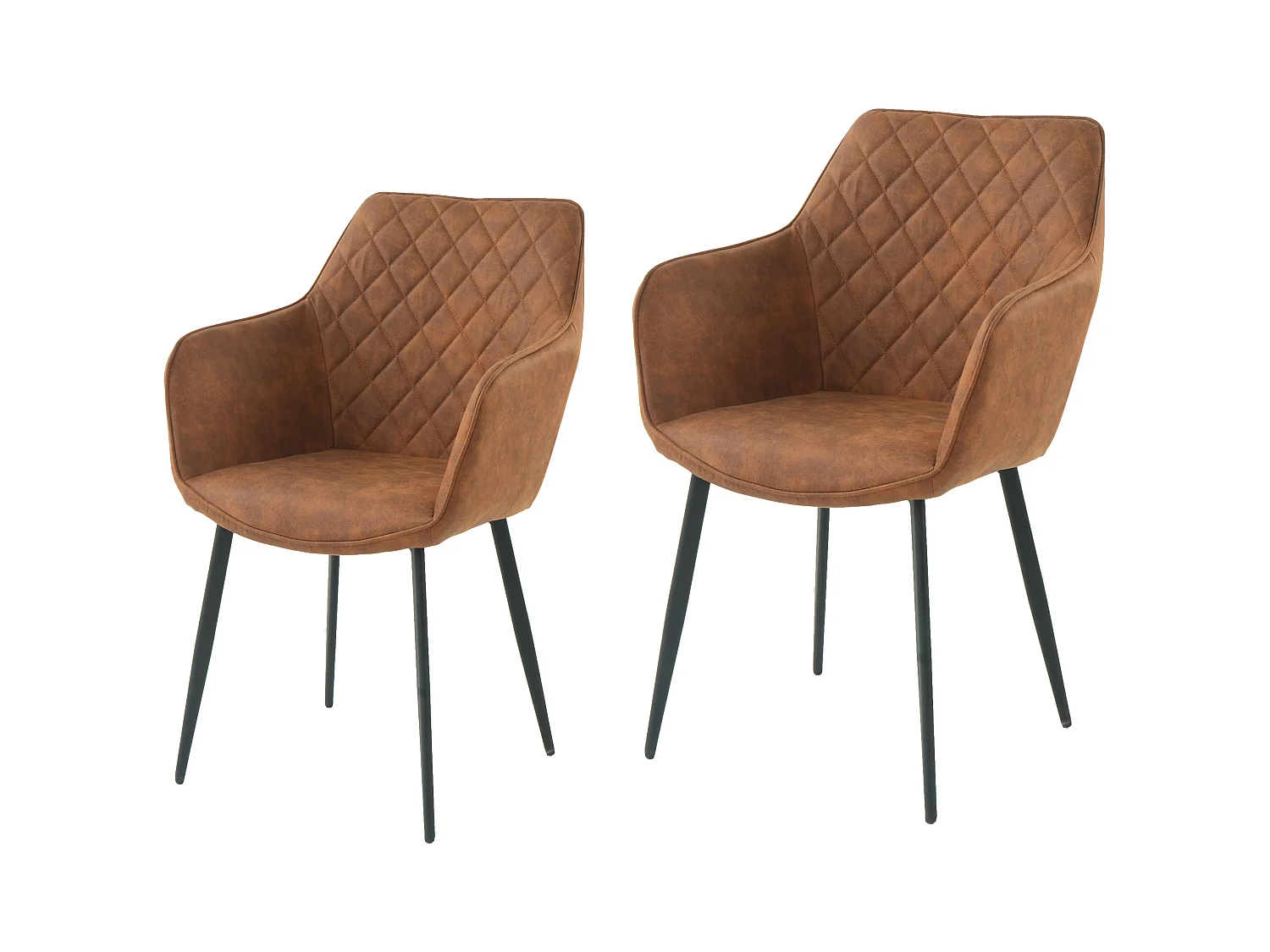 Lot de 2 chaises fauteuils de table avec accoudoirs Rolf en tissu marron pour salle à manger, pieds en métal noir