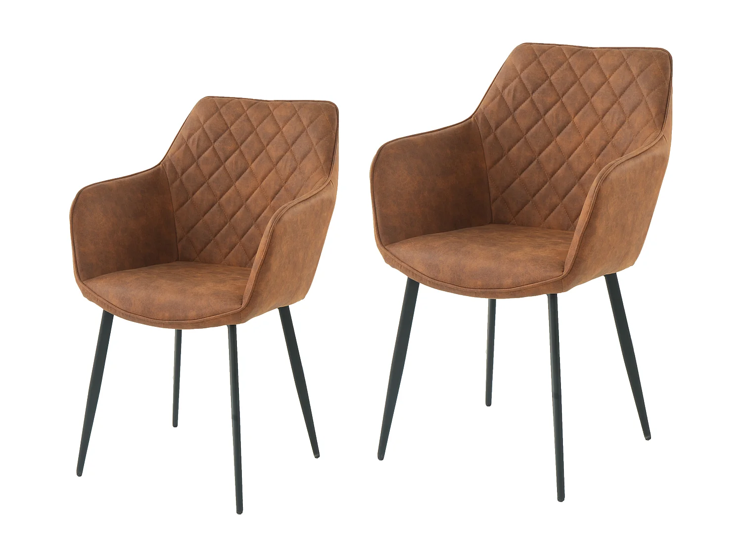 Lot de 2 chaises fauteuils de table avec accoudoirs Rolf en tissu marron pour salle à manger, pieds en métal noir