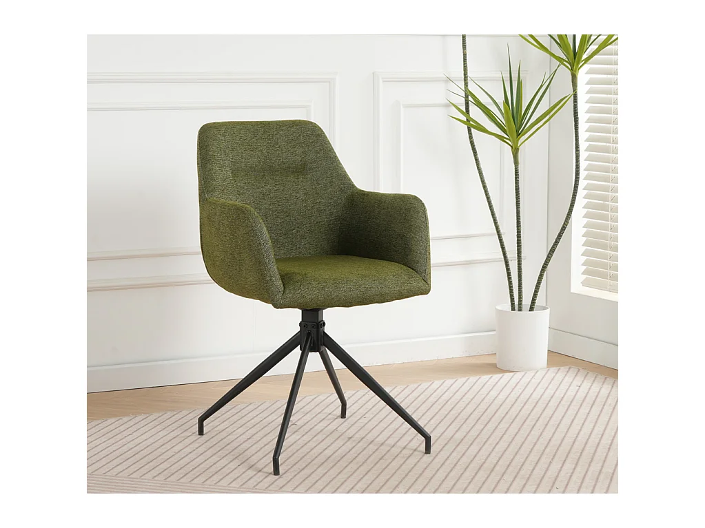 Lot de 2 chaises fauteuils de table MORINI pivotants avec accoudoirs en tissu vert pour salle à manger, pieds en métal noir