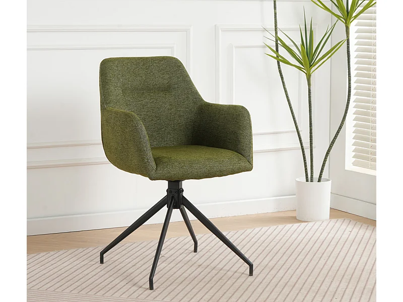 Lot de 2 chaises fauteuils de table MORINI pivotants avec accoudoirs en tissu vert pour salle à manger, pieds en métal noir
