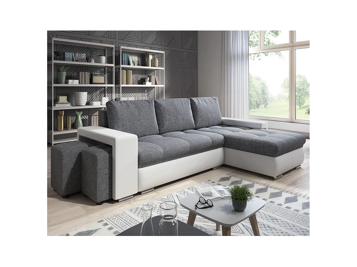 Canapé d'angle Simon 255 cm - convertible et réversible avec coffre - 3 Places - simili blanc / tissu gris + 2 poufs