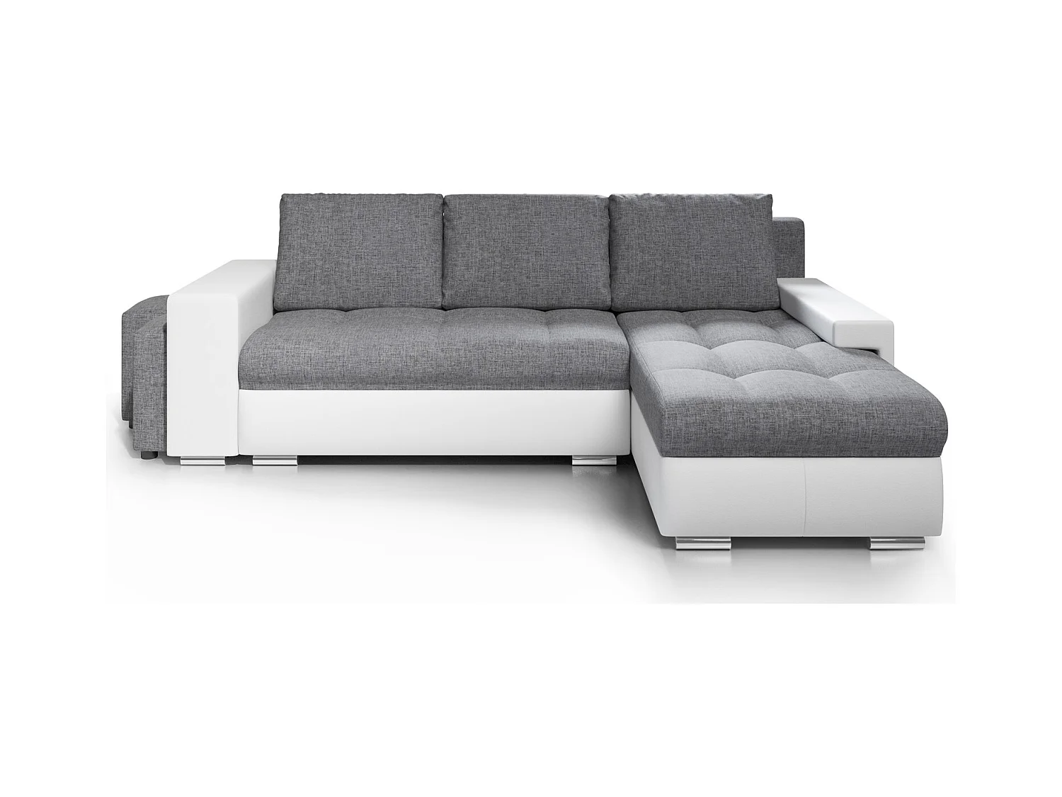 Canapé d'angle Simon 255 cm - convertible et réversible avec coffre - 3 Places - simili blanc / tissu gris + 2 poufs