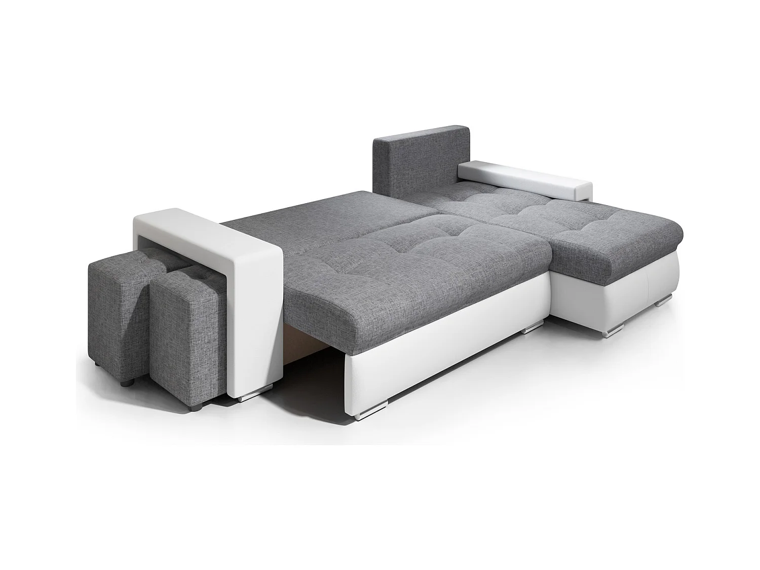 Canapé d'angle Simon 255 cm - convertible et réversible avec coffre - 3 Places - simili blanc / tissu gris + 2 poufs