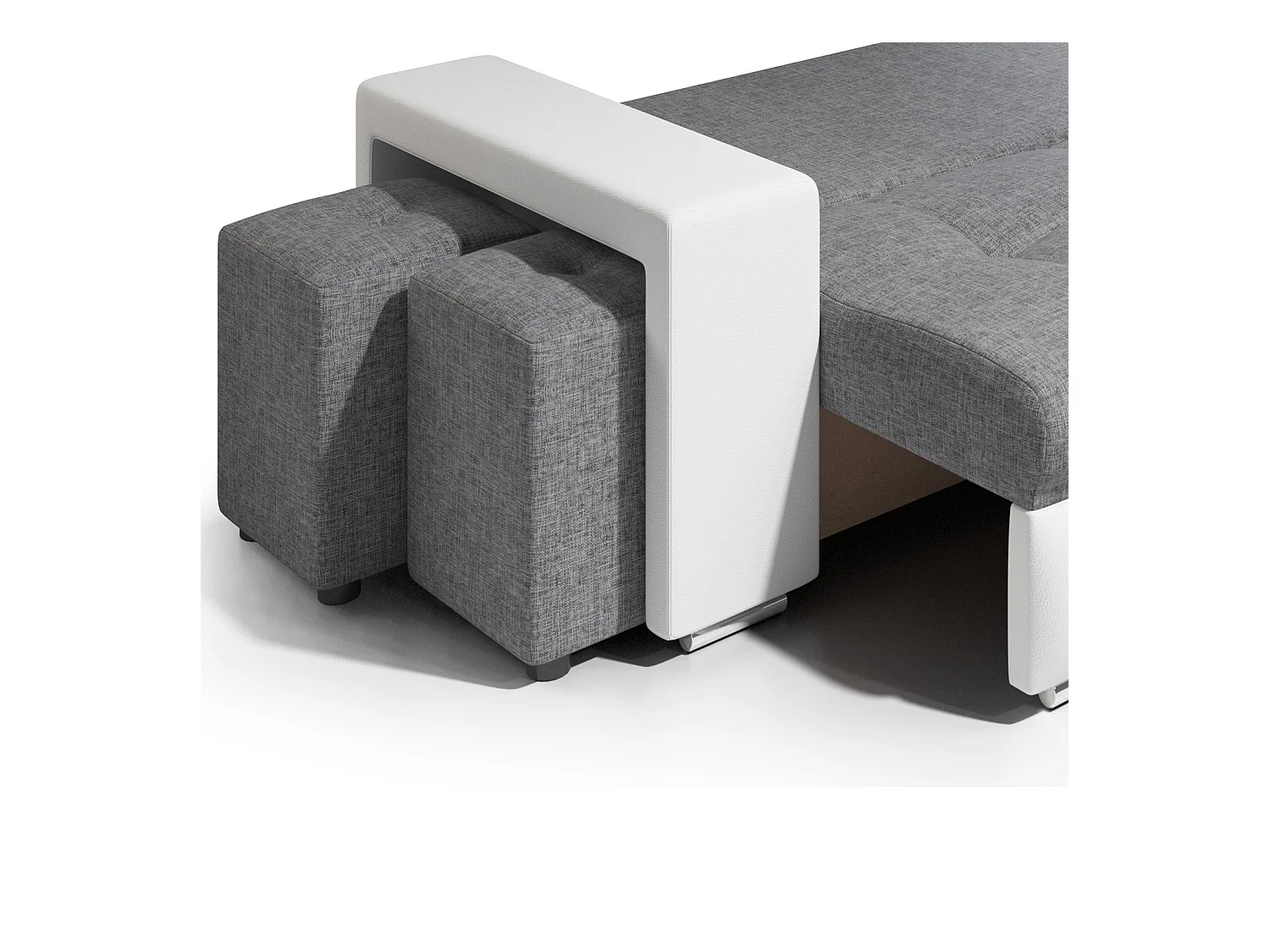 Canapé d'angle Simon 255 cm - convertible et réversible avec coffre - 3 Places - simili blanc / tissu gris + 2 poufs