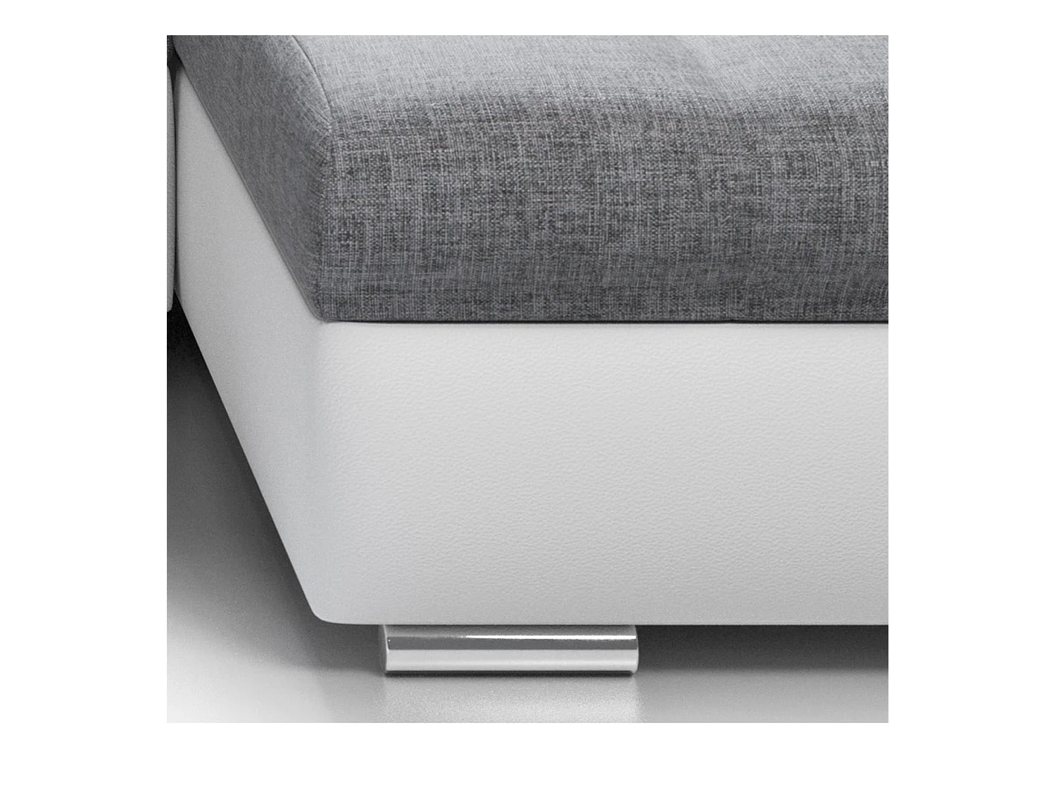 Canapé d'angle Simon 255 cm - convertible et réversible avec coffre - 3 Places - simili blanc / tissu gris + 2 poufs