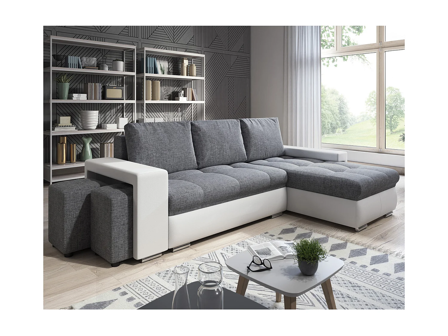 Canapé d'angle Simon 255 cm - convertible et réversible avec coffre - 3 Places - simili blanc / tissu gris + 2 poufs