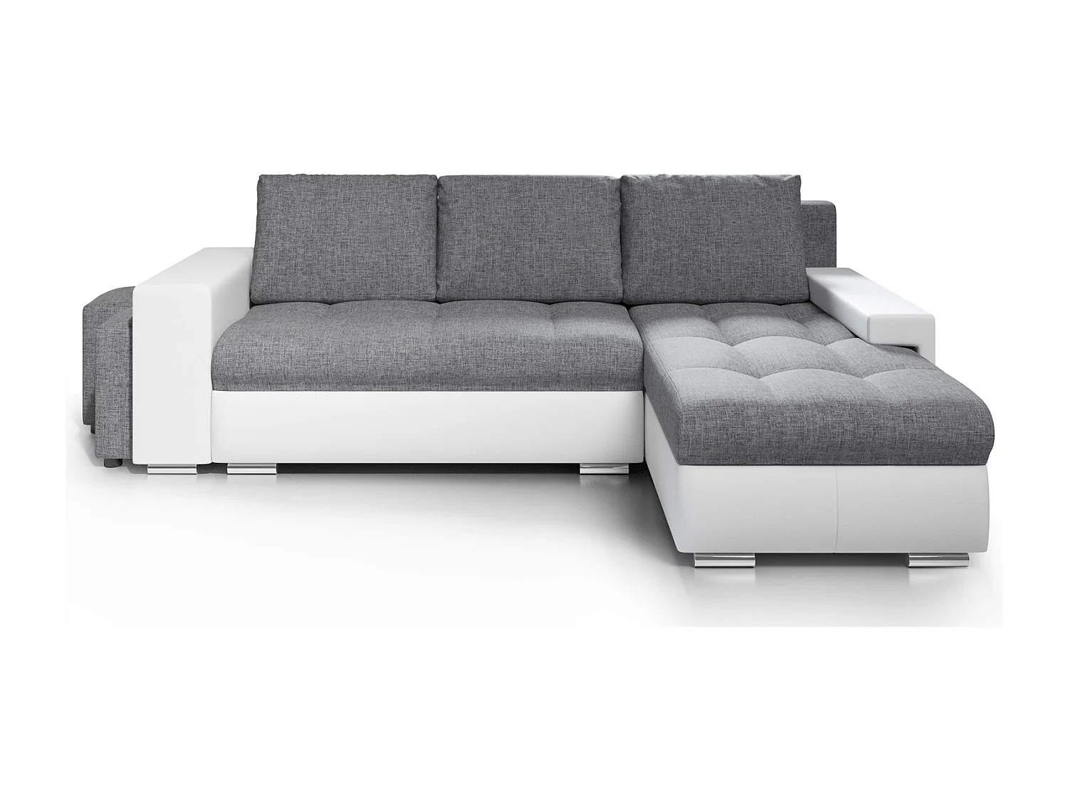 Canapé d'angle Simon 255 cm - convertible et réversible avec coffre - 3 Places - simili blanc / tissu gris + 2 poufs