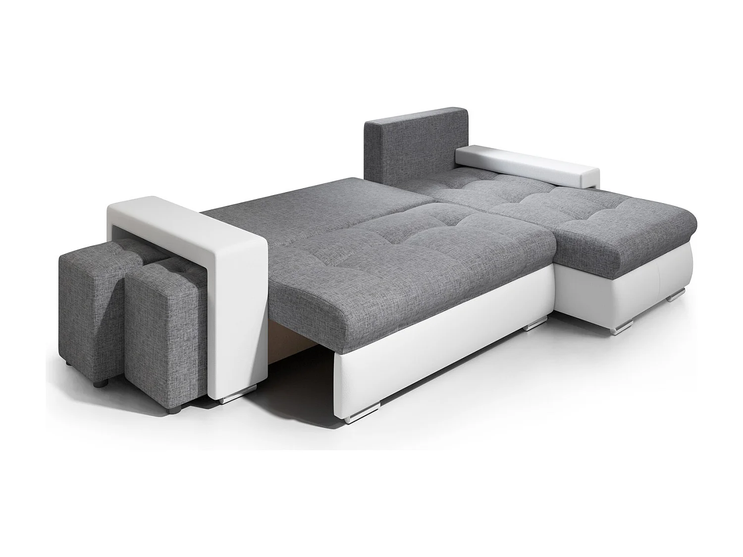 Canapé d'angle Simon 255 cm - convertible et réversible avec coffre - 3 Places - simili blanc / tissu gris + 2 poufs