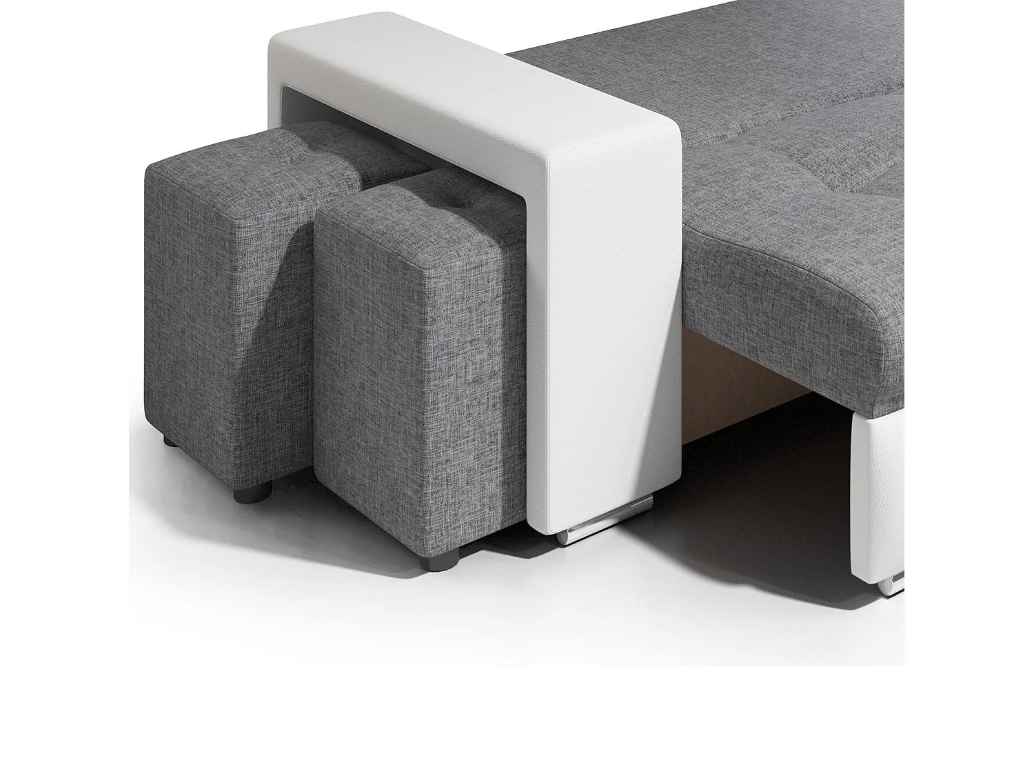 Canapé d'angle Simon 255 cm - convertible et réversible avec coffre - 3 Places - simili blanc / tissu gris + 2 poufs