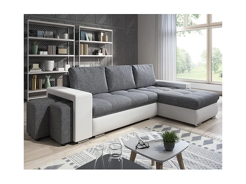 Canapé d'angle Simon 255 cm - convertible et réversible avec coffre - 3 Places - simili blanc / tissu gris + 2 poufs