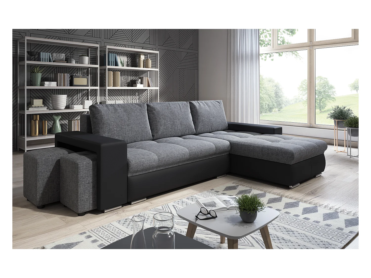Canapé d'angle Simon 255 cm - convertible et réversible avec coffre - 3 Places - simili noir / tissu gris + 2 poufs