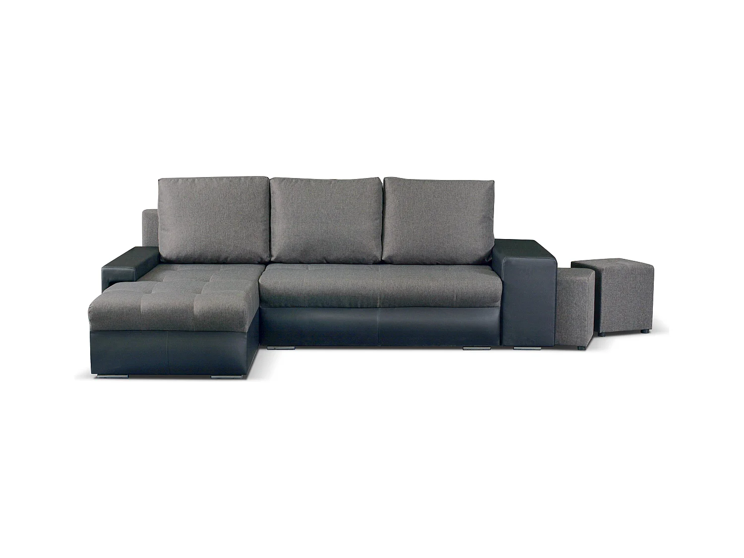 Canapé d'angle Simon 255 cm - convertible et réversible avec coffre - 3 Places - simili noir / tissu gris + 2 poufs