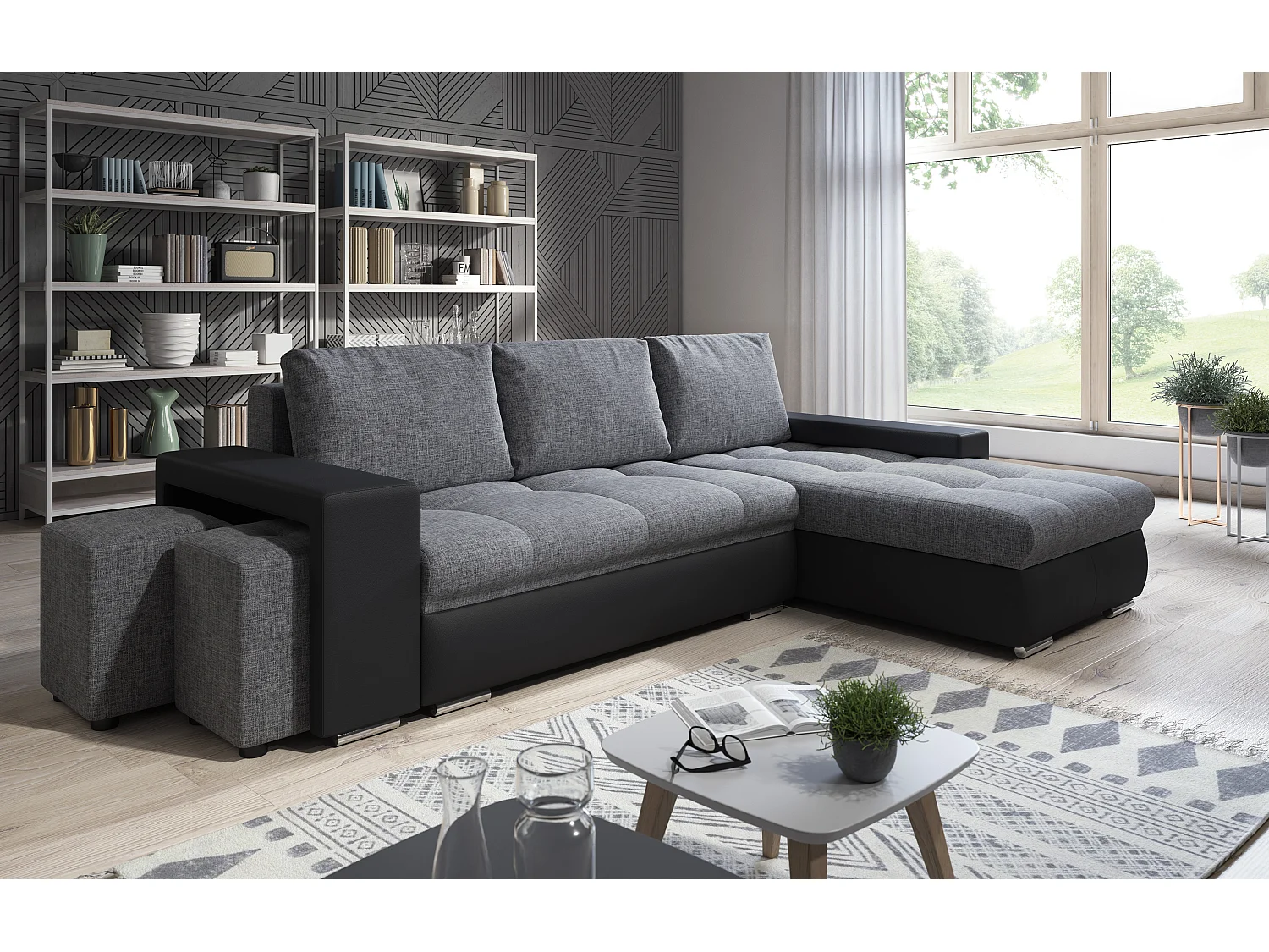 Canapé d'angle Simon 255 cm - convertible et réversible avec coffre - 3 Places - simili noir / tissu gris + 2 poufs