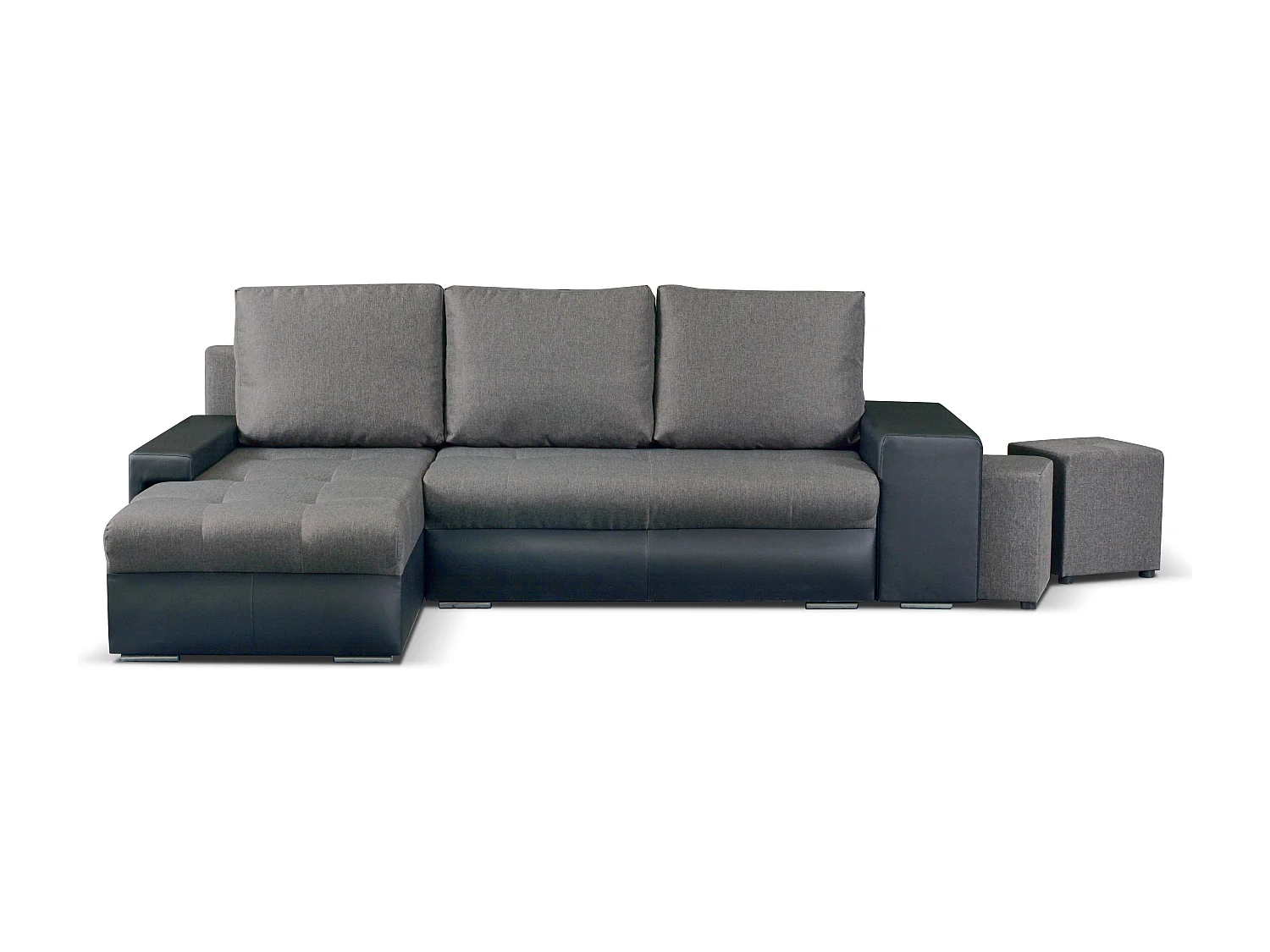 Canapé d'angle Simon 255 cm - convertible et réversible avec coffre - 3 Places - simili noir / tissu gris + 2 poufs