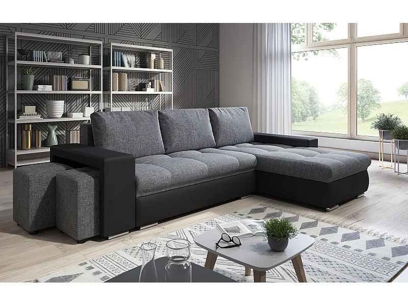 Canapé d'angle Simon 255 cm - convertible et réversible avec coffre - 3 Places - simili noir / tissu gris + 2 poufs