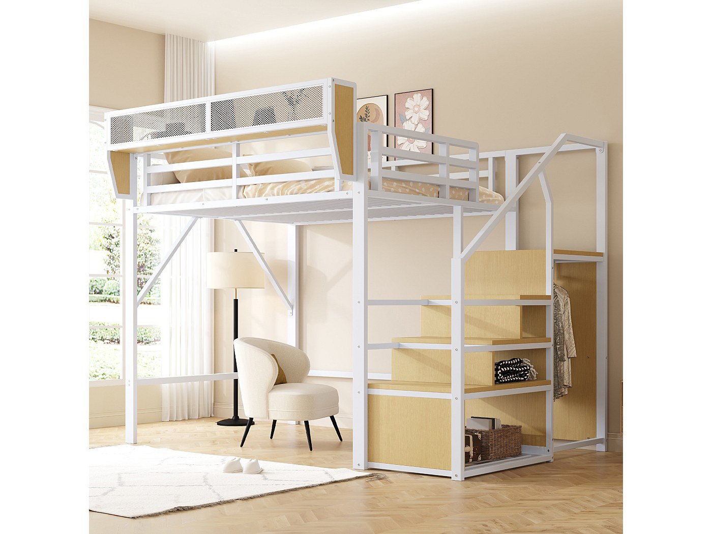 Lit Mezzanine Enfant Métal 140x200 Cm Avec échelle Et Casiers - Blanc, Sans Matelas, Capacité 120 Kg, Espace Rangement Intégré