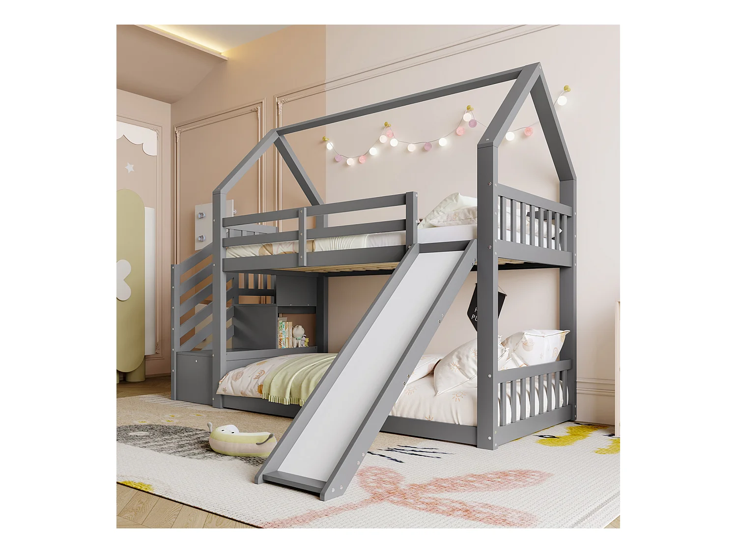 Litera con escalera de almacenaje y tobogán, cama-casita (sin colchón), cama infantil con barrera, adecuada para niños, adolescentes, 90x200cm, gris