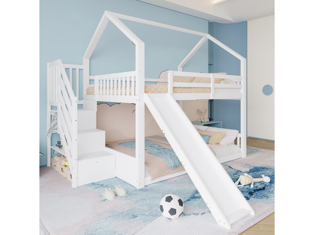 Litera con escalera de almacenaje y tobogán, cama alta (sin colchón), cama infantil con barandilla, adecuada para niños, adolescentes, 140x200cm, color blanco
