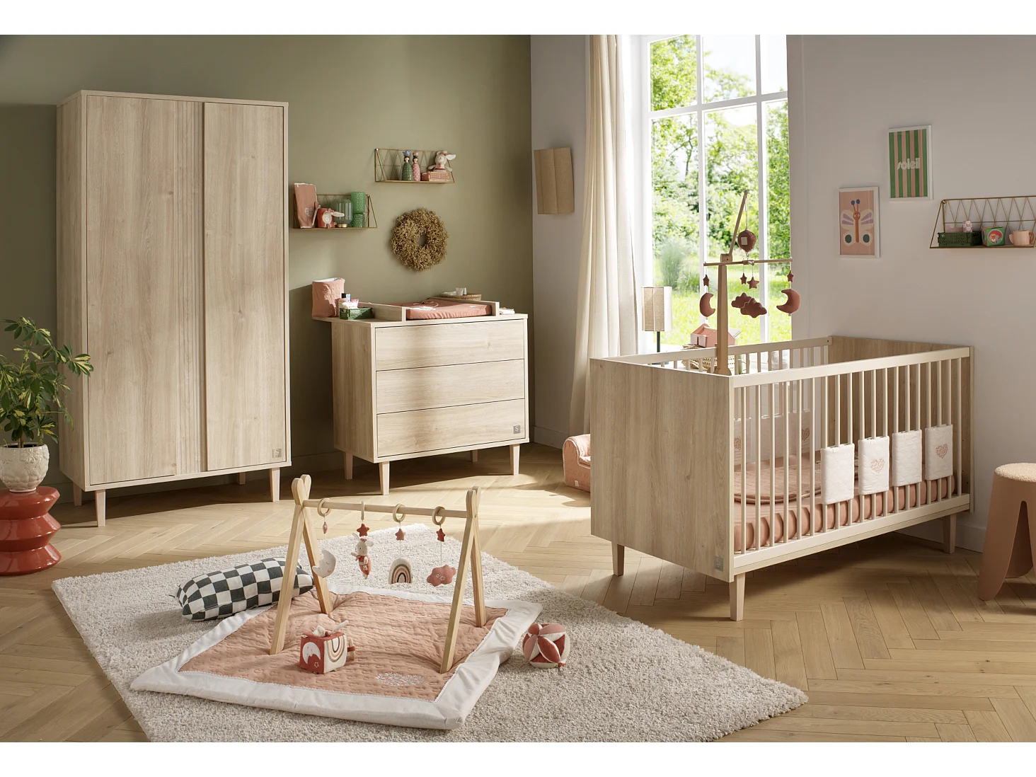 Armoire 2 portes avec détail imitation bois texturé et pieds bois PALOMA - Sauthon