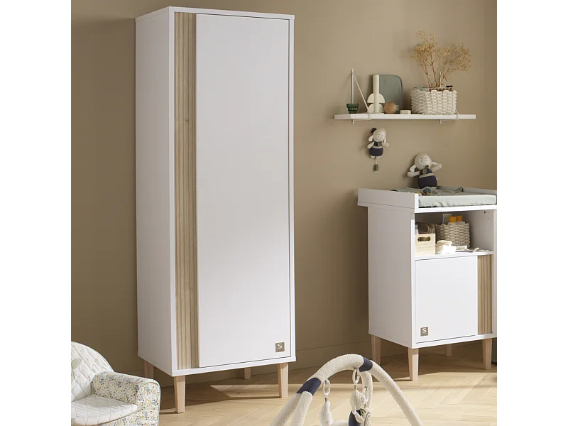 Armoire 1 porte détail imitation bois texturé et pieds bois PALOMA - Sauthon