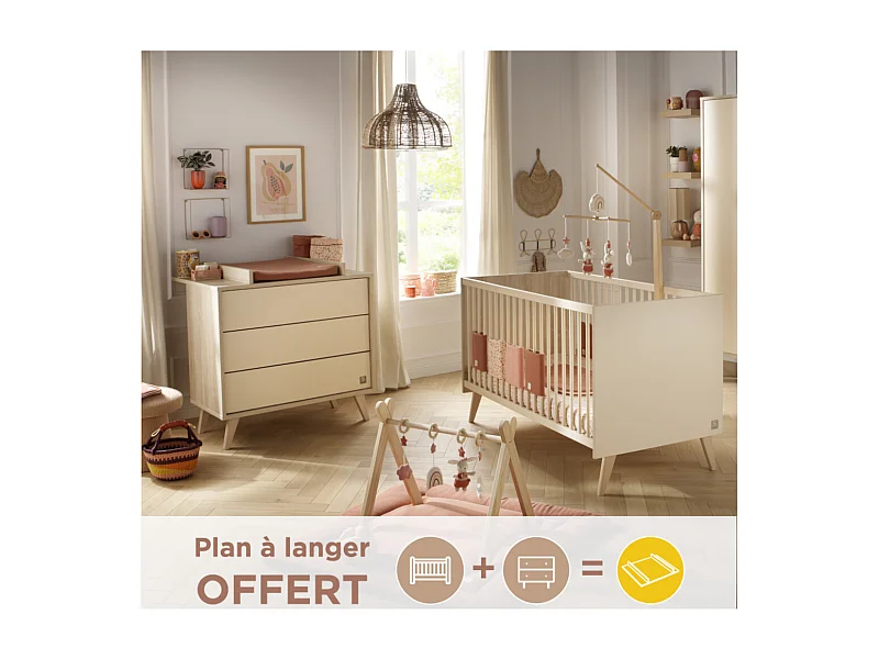 Chambre bébé évolutive Mélinée, Lit 140x70 évolutif et Commode à langer 3 tiroirs - Chêne sépia MELINEE - Sauthon