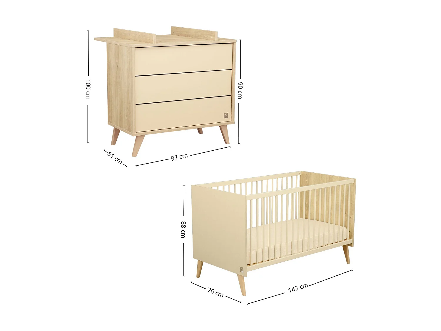 Chambre bébé évolutive Mélinée, Lit 140x70 évolutif et Commode à langer 3 tiroirs - Chêne sépia MELINEE - Sauthon