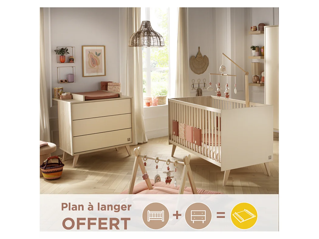 Chambre bébé évolutive Mélinée, Lit 140x70 évolutif et Commode à langer 3 tiroirs - Chêne sépia MELINEE - Sauthon