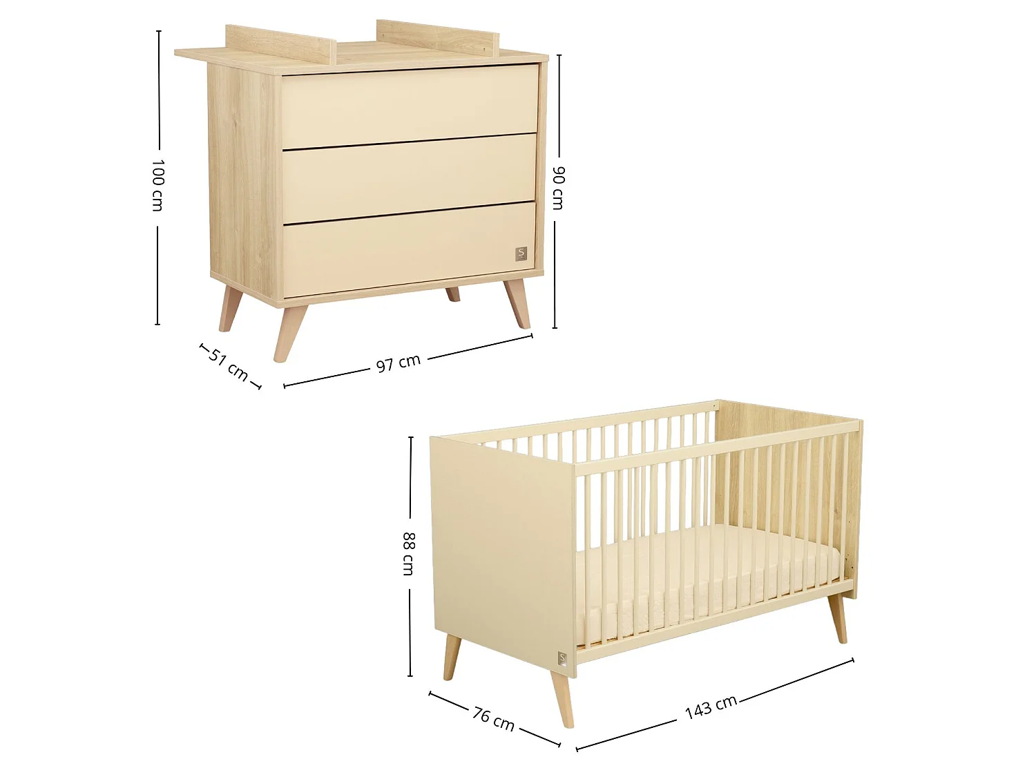 Chambre bébé évolutive Mélinée, Lit 140x70 évolutif et Commode à langer 3 tiroirs - Chêne sépia MELINEE - Sauthon