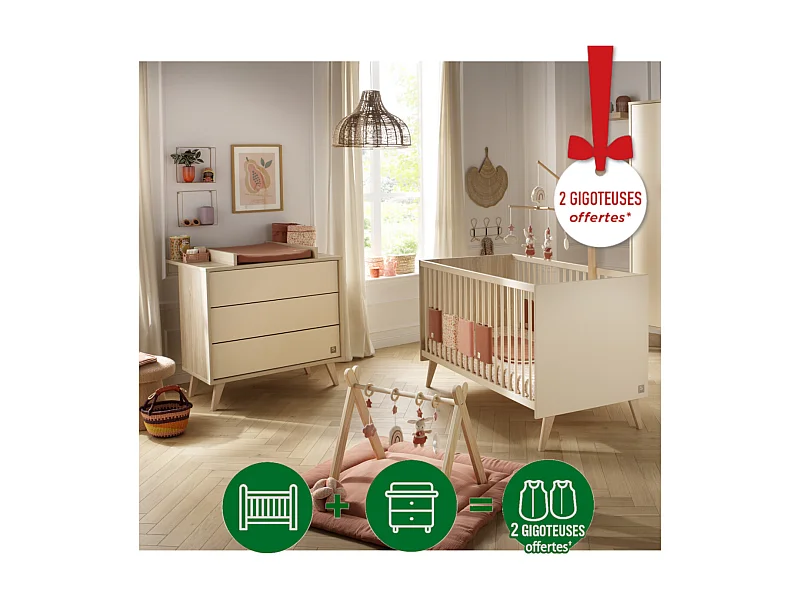 Chambre bébé évolutive Mélinée, Lit 140x70 évolutif et Commode à langer 3 tiroirs - Chêne sépia MELINEE - Sauthon
