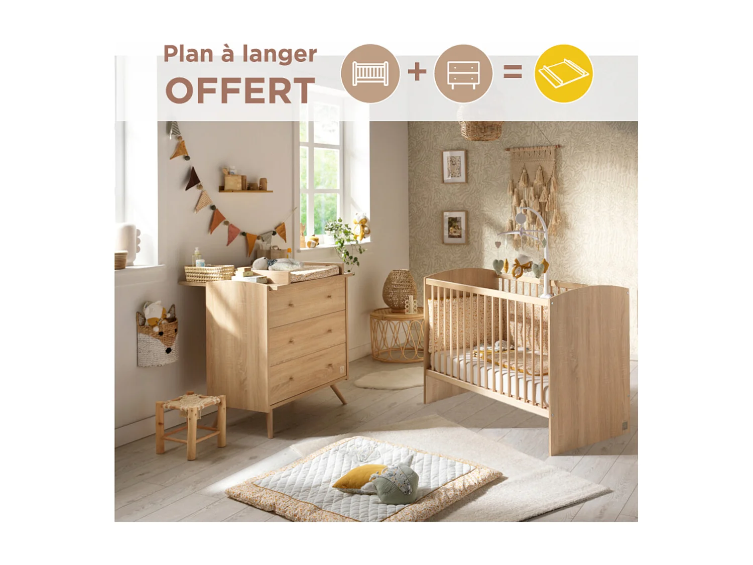 Chambre bébé complète Access, Lit 120x60 et Commode à langer - Chêne doré ACCESS - Sauthon