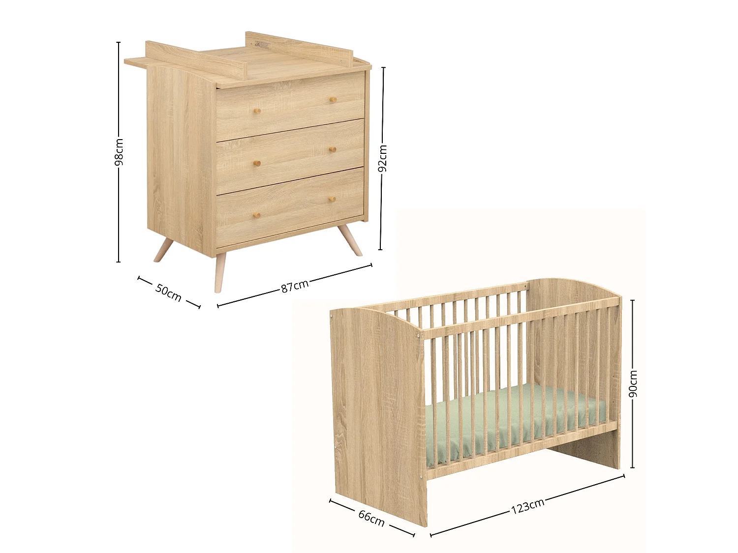 Chambre bébé complète Access, Lit 120x60 et Commode à langer - Chêne doré ACCESS - Sauthon