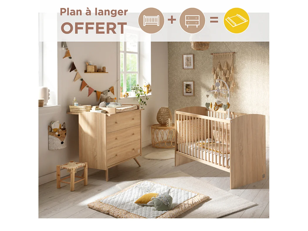 Chambre bébé complète Access, Lit 120x60 et Commode à langer - Chêne doré ACCESS - Sauthon