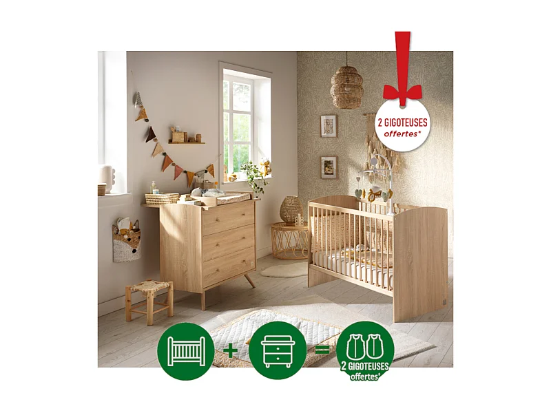 Chambre bébé complète Access, Lit 120x60 et Commode à langer - Chêne doré ACCESS - Sauthon