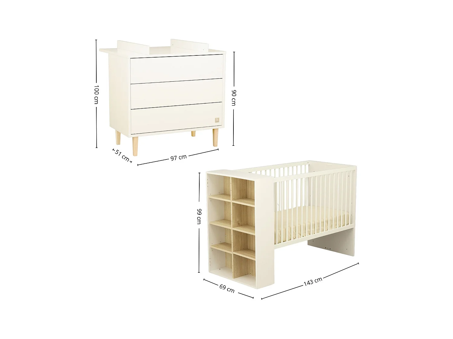 Chambre bébé évolutive Paloma, Lit 120x60 évolutif et Commode à langer 3 tiroirs - Chêne sépia PALOMA - Sauthon