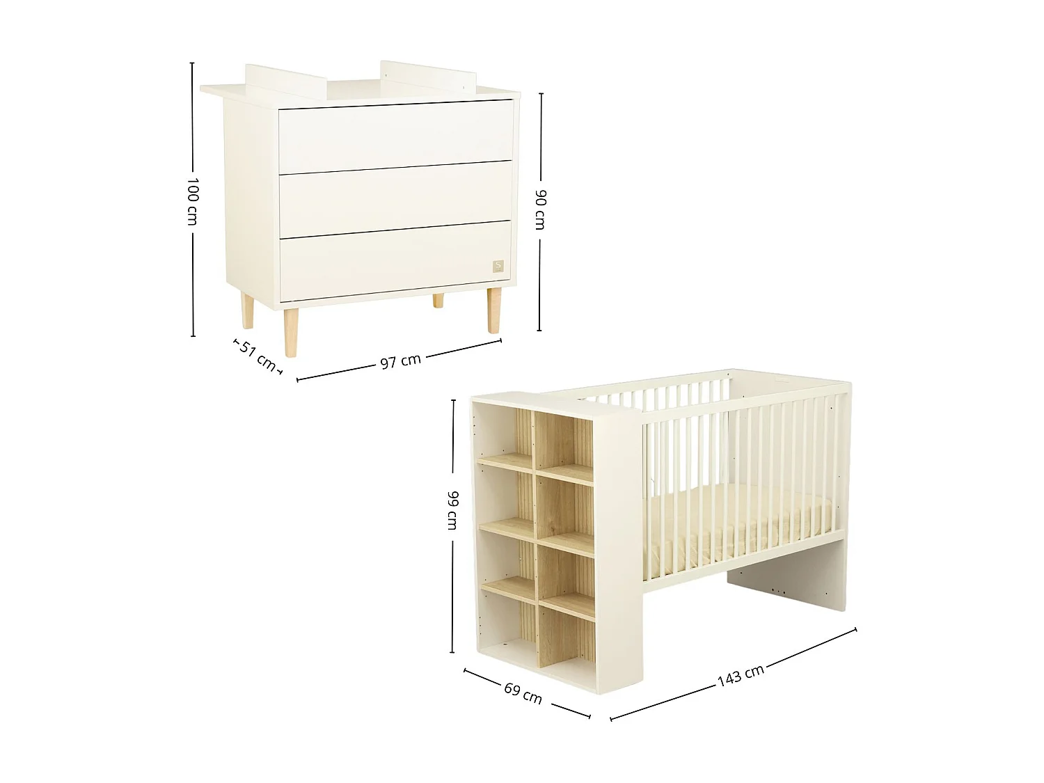 Chambre bébé évolutive Paloma, Lit 120x60 évolutif et Commode à langer 3 tiroirs - Chêne sépia PALOMA - Sauthon