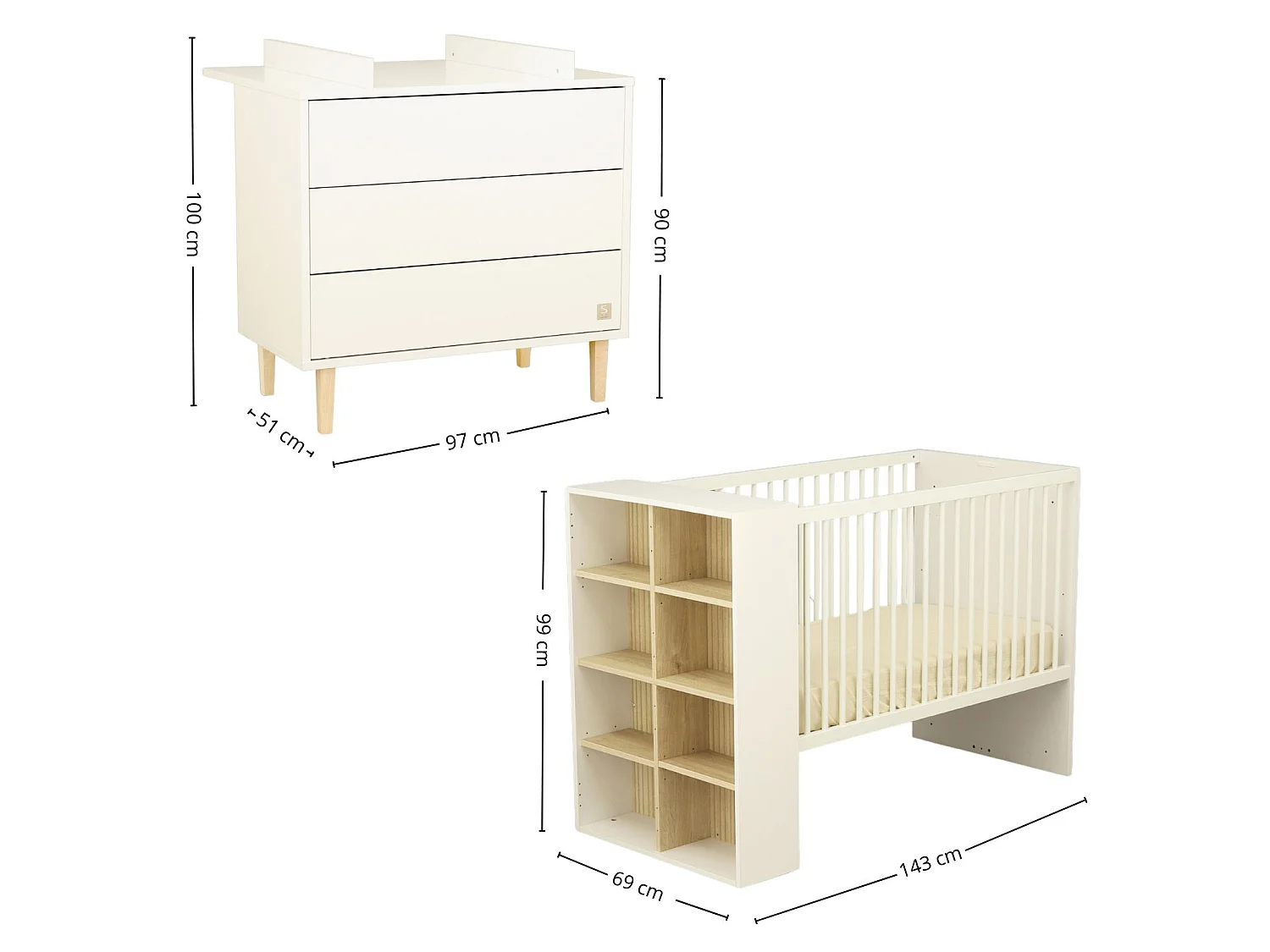 Chambre bébé évolutive Paloma, Lit 120x60 évolutif et Commode à langer 3 tiroirs - Chêne sépia PALOMA - Sauthon