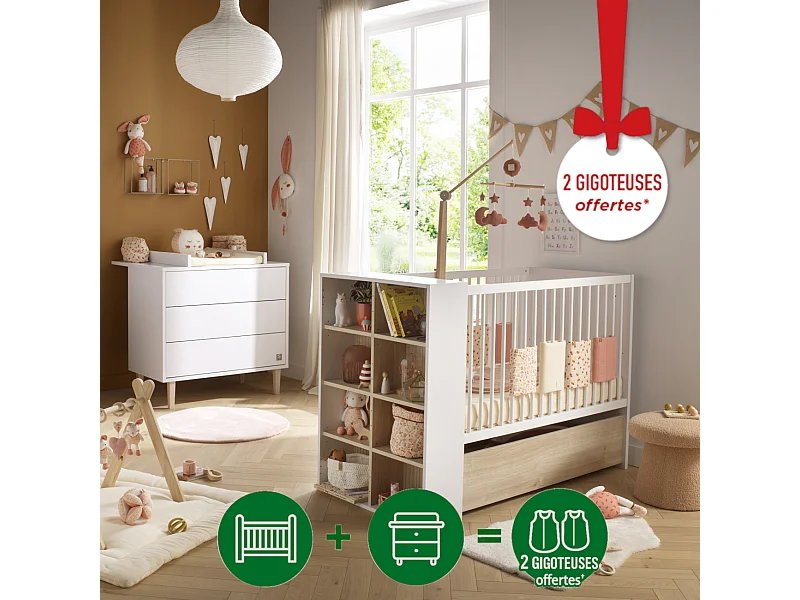 Chambre bébé évolutive Paloma, Lit 120x60 évolutif et Commode à langer 3 tiroirs - Chêne sépia PALOMA - Sauthon