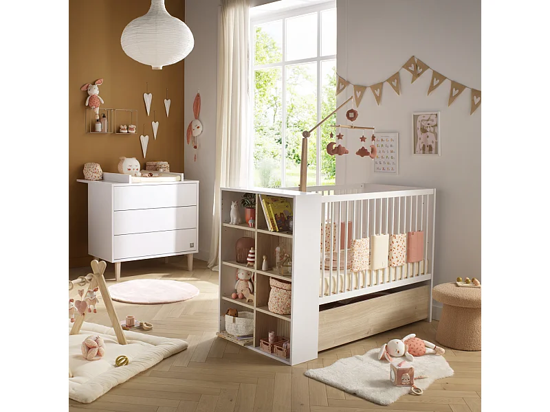 Guardería evolutiva Paloma, cama evolutiva de 120x60 y cambiador de 3 cajones - Roble sepia