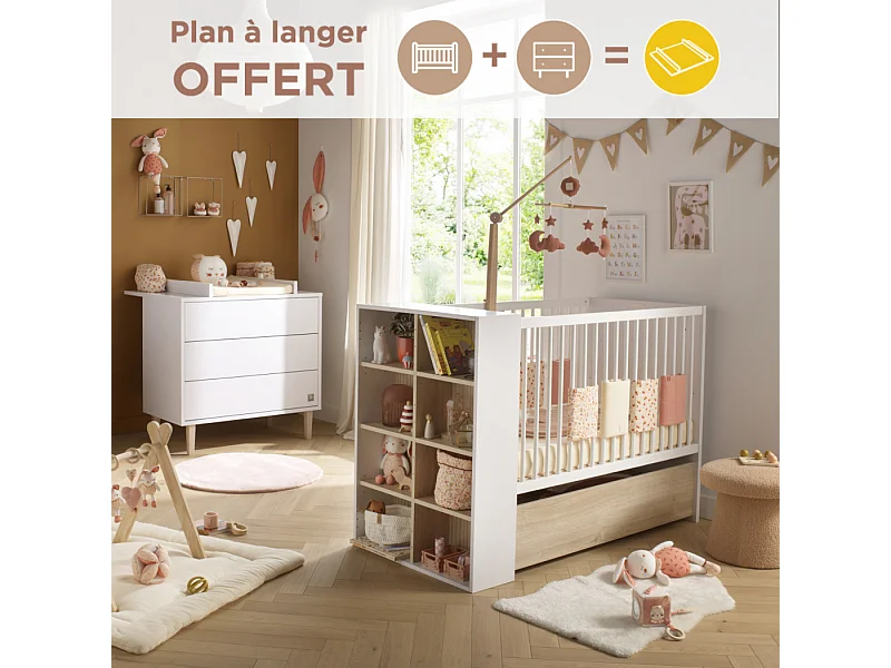Chambre bébé évolutive Paloma, Lit 120x60 évolutif et Commode à langer 3 tiroirs - Chêne sépia PALOMA - Sauthon