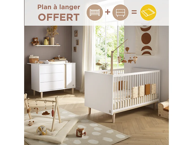 Chambre bébé évolutive Paloma, Lit 140x70 évolutif et Commode à langer 3 tiroirs et 1 porte - Chêne sépia PALOMA - Sauthon