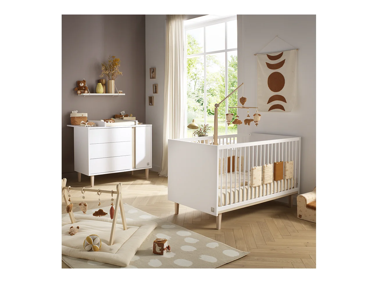 Chambre bébé évolutive Paloma, Lit 140x70 évolutif et Commode à langer 3 tiroirs et 1 porte - Chêne sépia PALOMA - Sauthon