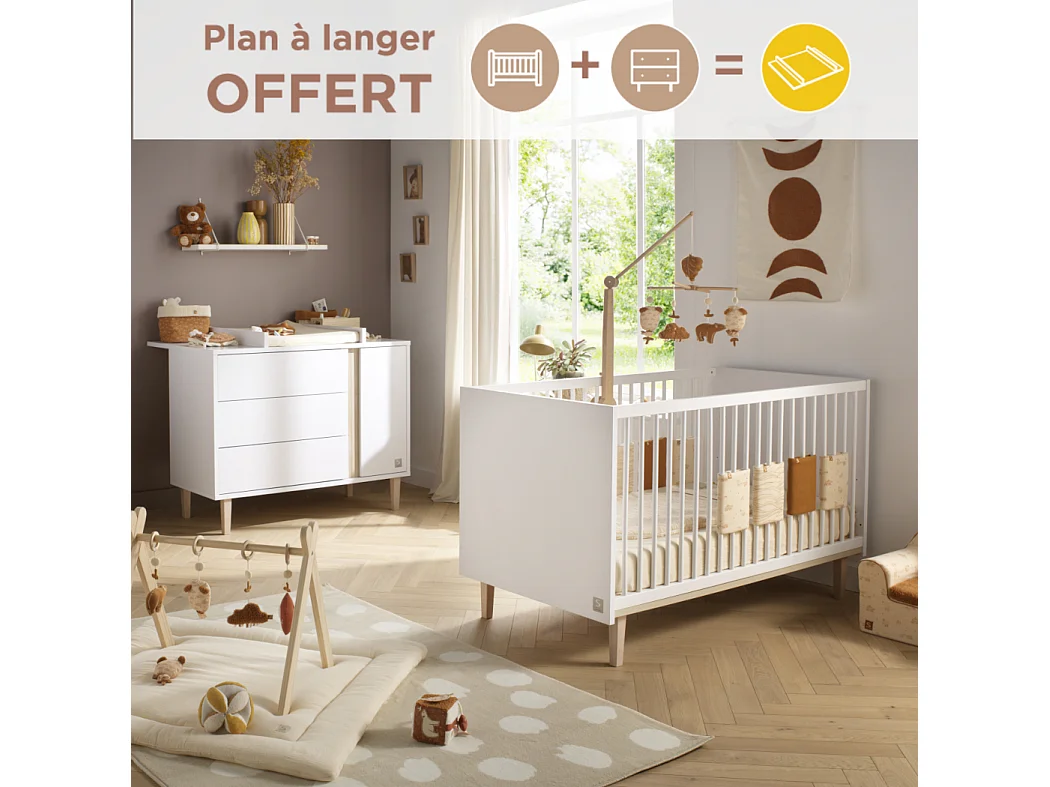 Chambre bébé évolutive Paloma, Lit 140x70 évolutif et Commode à langer 3 tiroirs et 1 porte - Chêne sépia PALOMA - Sauthon