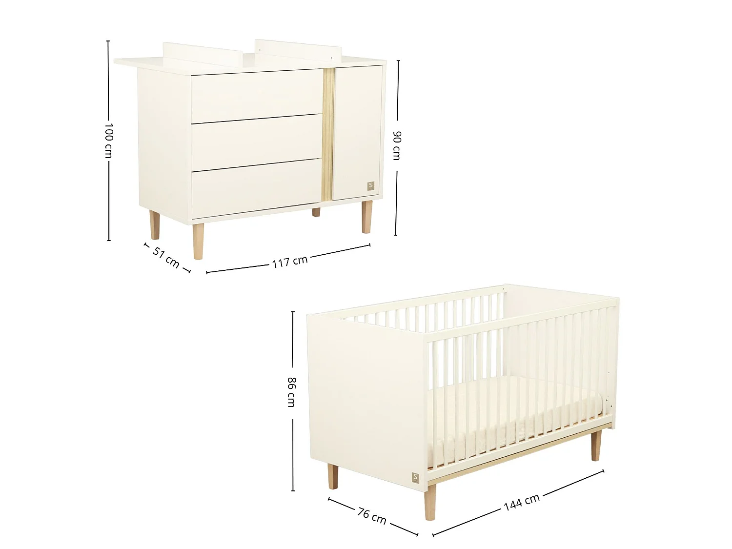 Chambre bébé évolutive Paloma, Lit 140x70 évolutif et Commode à langer 3 tiroirs et 1 porte - Chêne sépia PALOMA - Sauthon