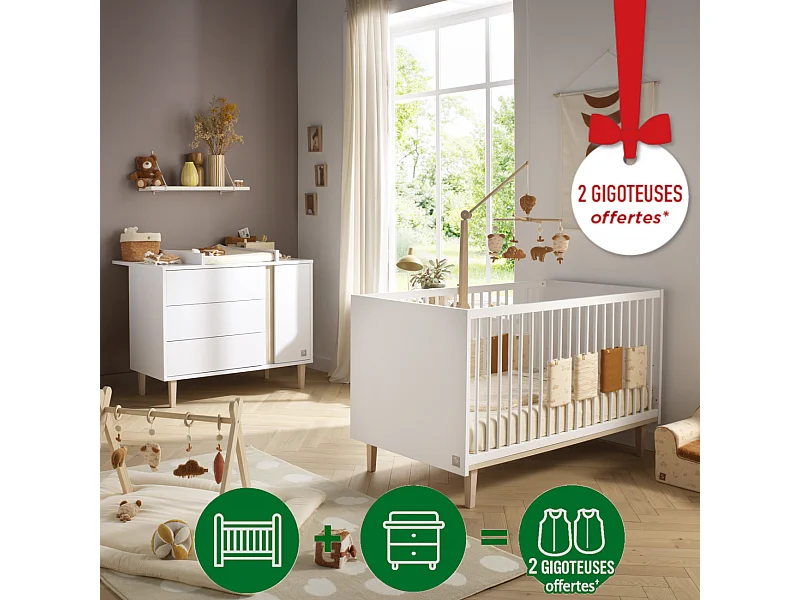 Chambre bébé évolutive Paloma, Lit 140x70 évolutif et Commode à langer 3 tiroirs et 1 porte - Chêne sépia PALOMA - Sauthon