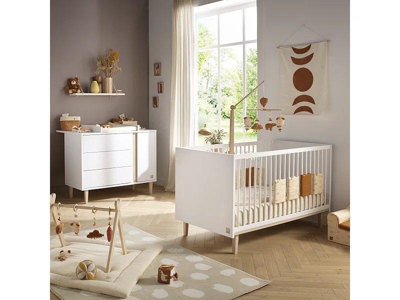 Chambre bébé évolutive Paloma, Lit 140x70 évolutif et Commode à langer 3 tiroirs et 1 porte - Chêne sépia PALOMA - Sauthon