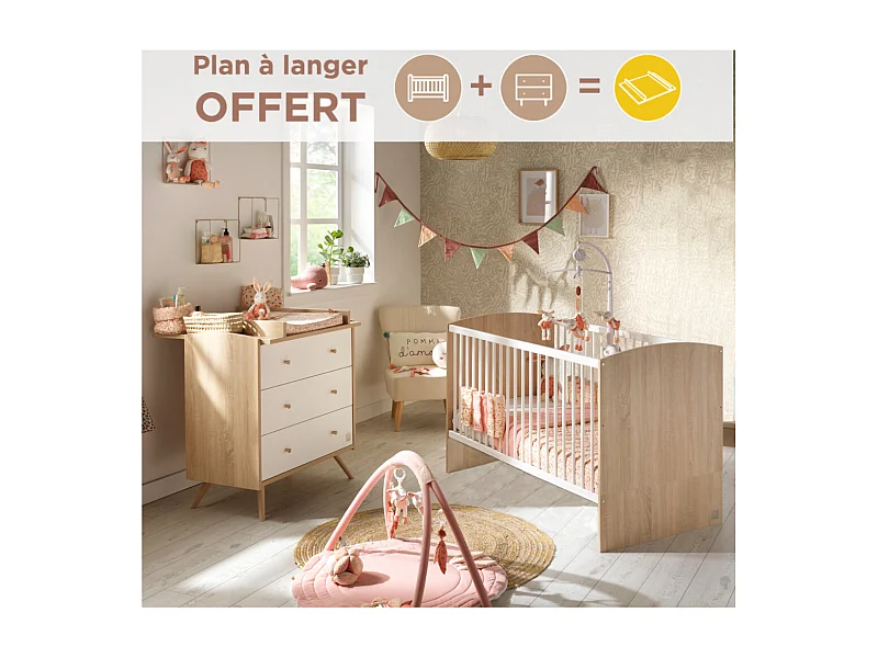 Chambre bébé évolutive Access, Lit 140x70 et Commode à langer - Chêne doré ACCESS - Sauthon