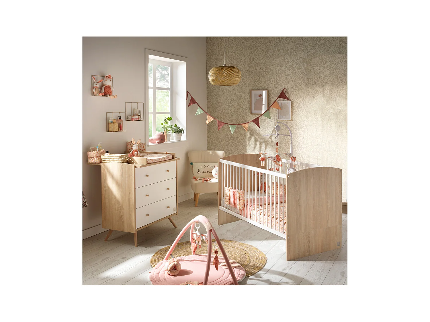 Chambre bébé évolutive Access, Lit 140x70 et Commode à langer - Chêne doré ACCESS - Sauthon