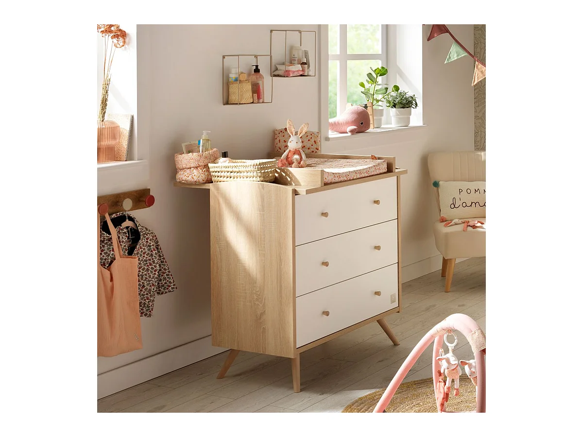 Chambre bébé évolutive Access, Lit 140x70 et Commode à langer - Chêne doré ACCESS - Sauthon