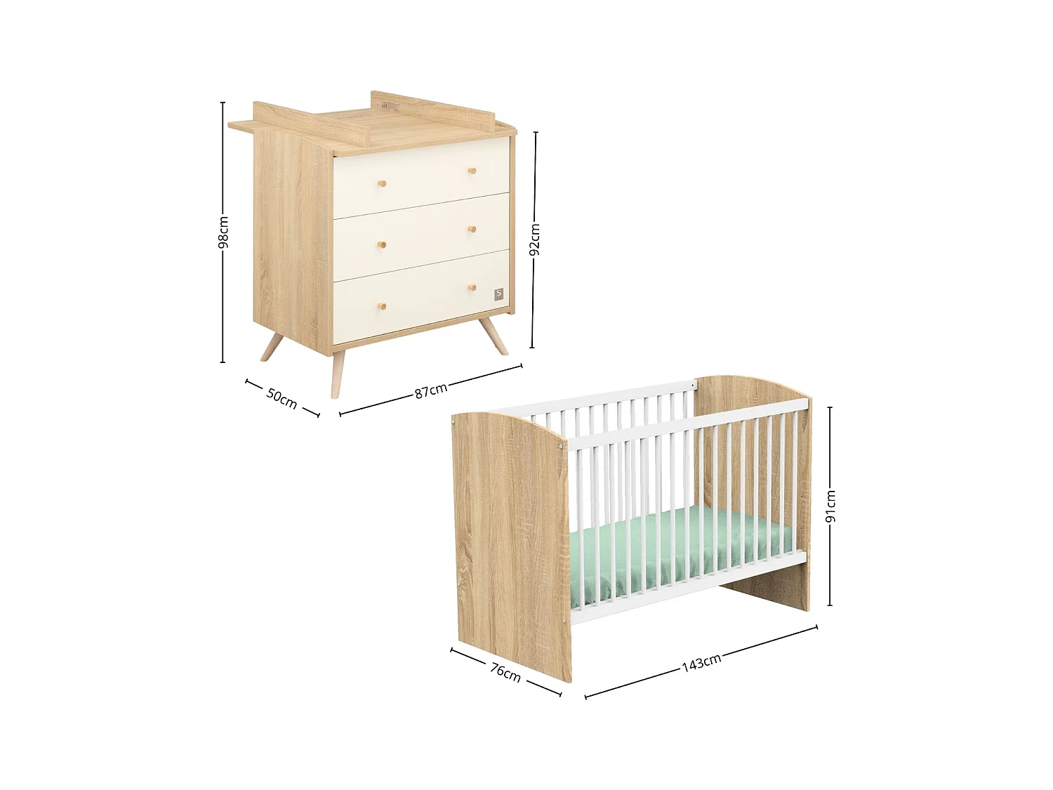 Chambre bébé évolutive Access, Lit 140x70 et Commode à langer - Chêne doré ACCESS - Sauthon